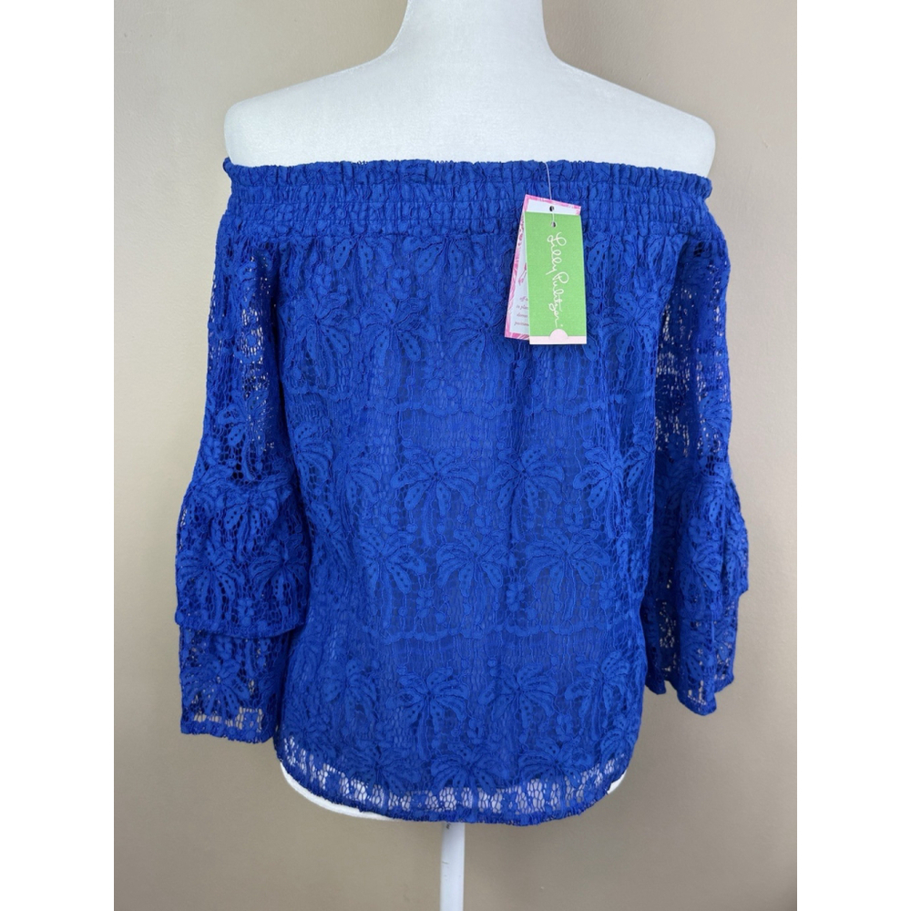 Lilly Pulitzer TOBYN XS Off The Shoulder Top Ikat Blue Palm Tree Lace Blouse - Picture 2 of 9
